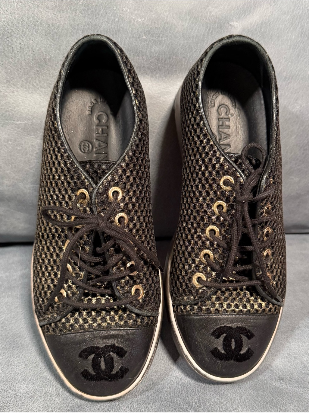 Chanel Black Bronze Metallic Leather Mesh Low-Top Sneakers